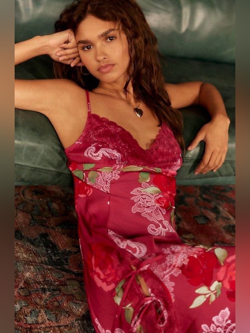 Free People Rose-Print Lace Trim Satin Slip Dress in Berry